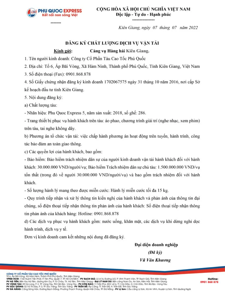 HỒ SƠ ĐĂNG KÝ CHẤT LƯỢNG DỊCH VỤ TÀU PHÚ QUỐC EXPRESS 5